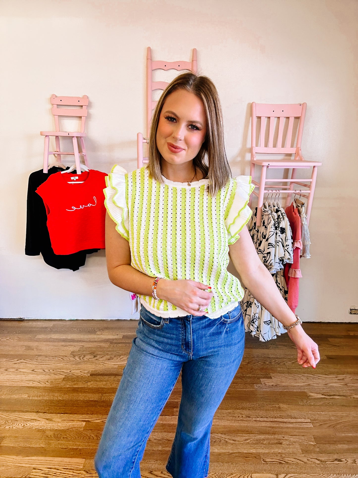 Lime Knit Ruffle Short Sleeve Sweater